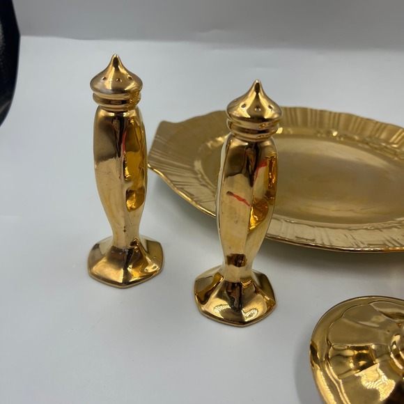 Vintage 22 Karat Gold Serving Tray Lid Dish Salt Pepper Shakers GLAM MidCentury - Picture 9 of 14